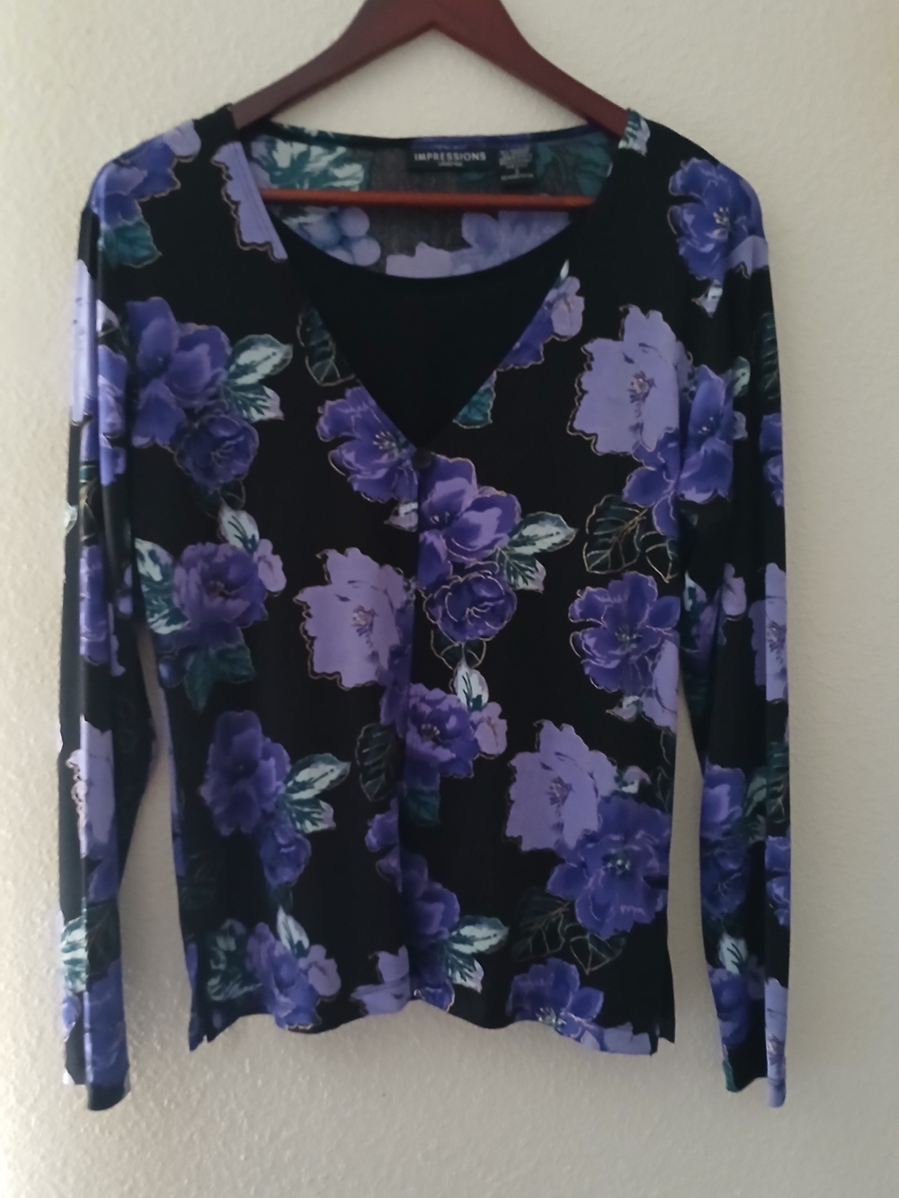 Impressions Black Top with Purple Floral Accents